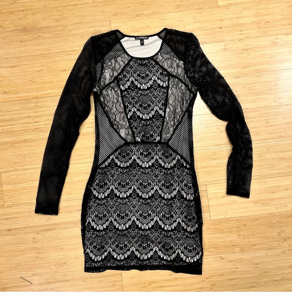 Express Black Lace Mesh Long Sleeve Bodycon Mini Dress Size Small Sexy Club Y2K - Picture 3 of 7